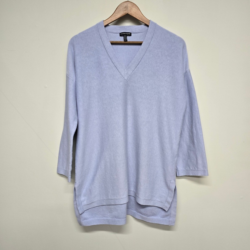 Eileen Fisher V-Neck Tunic Sweater Women Small Blue Silk Blend Minimalist